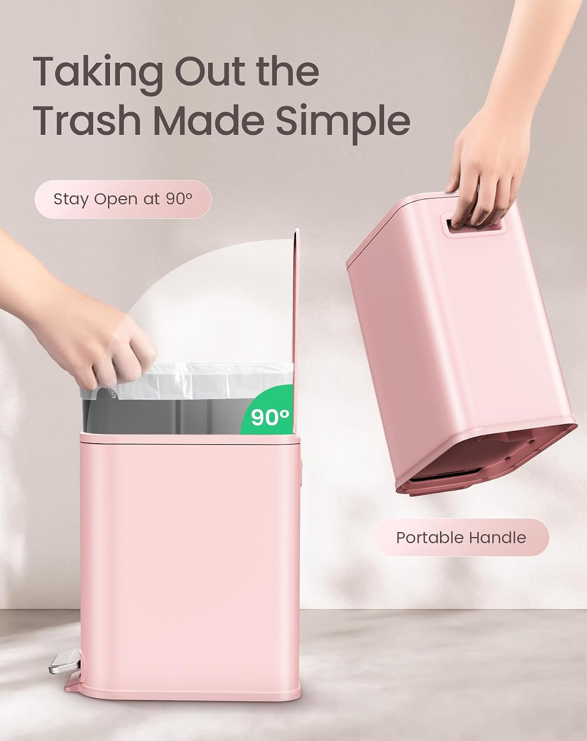 Cesun Small Bathroom Trash Can with Lid Soft Close & Pedal, 1.3 Gal, Pink