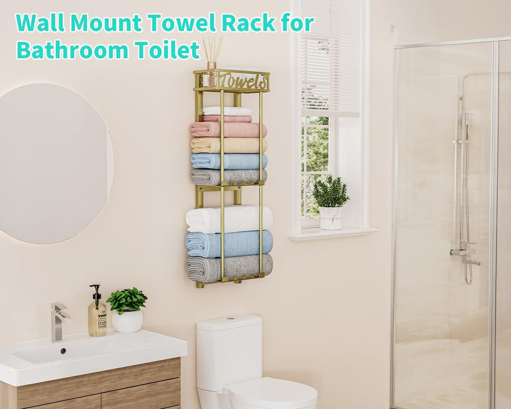 HapiRm Towel Rack Bathroom Storage - 3 Tier Over The Door & Wall Mounted Rolled Towel Racks Holder Organizer with Metal Shelf and 6 Hooks for Small Bathroom, Camper, Rv - Gold