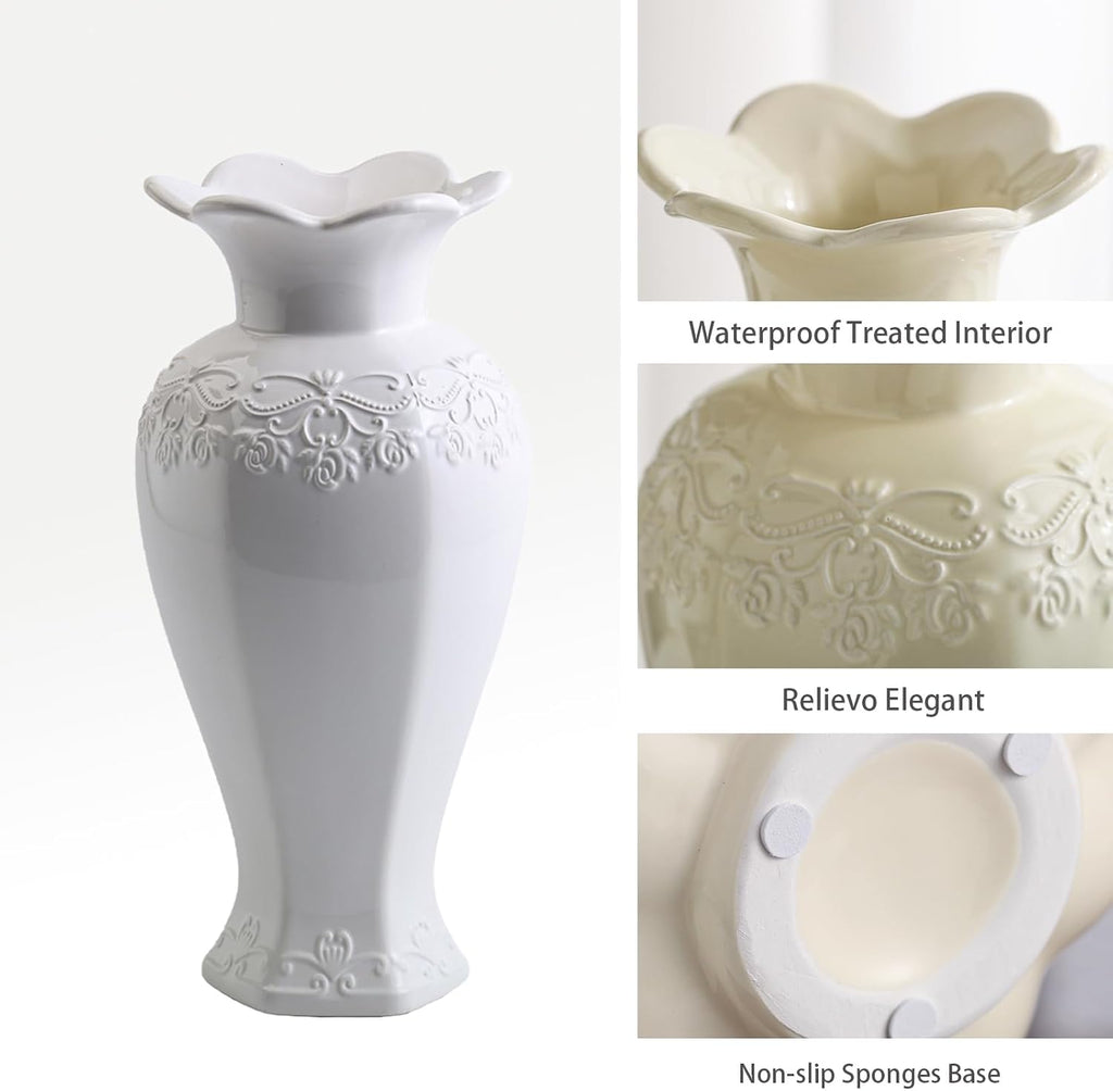 Relievo Elegant White Cream 8in 11in Ceramic Flower Tall Aesthetic Beige Table Tulip Wide Mouth Rose Filler Decorative Rustic Vase Decor for Home (White Vase, L)