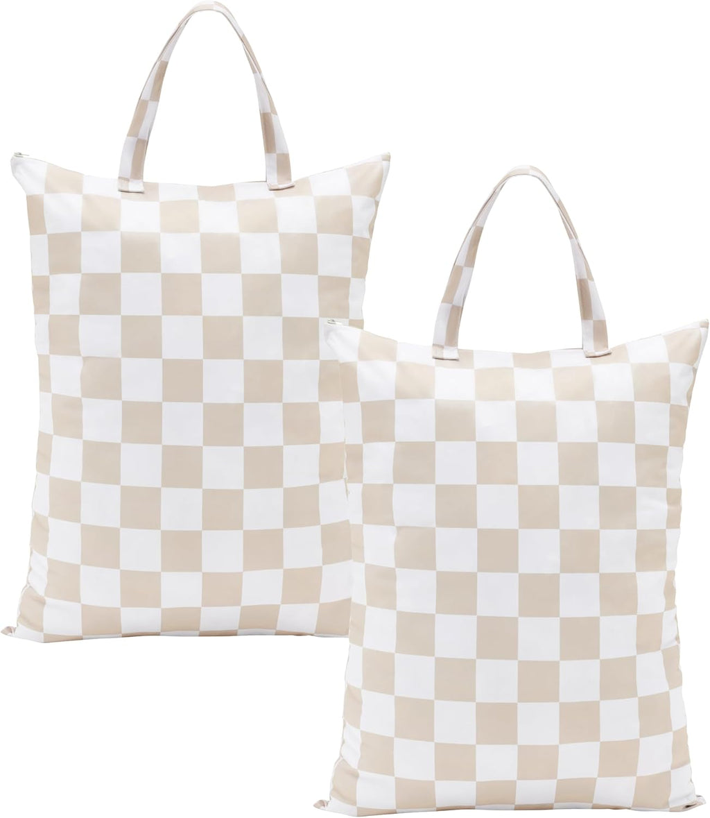 Ohocut Checkered 2 Pcs Large Travel Laundry Bags for Dirty Clothes, Aesthetic Trendy Waterproof Washable Laundry Bag with Handle for Travel, Gym, Swimming Pool, Beige