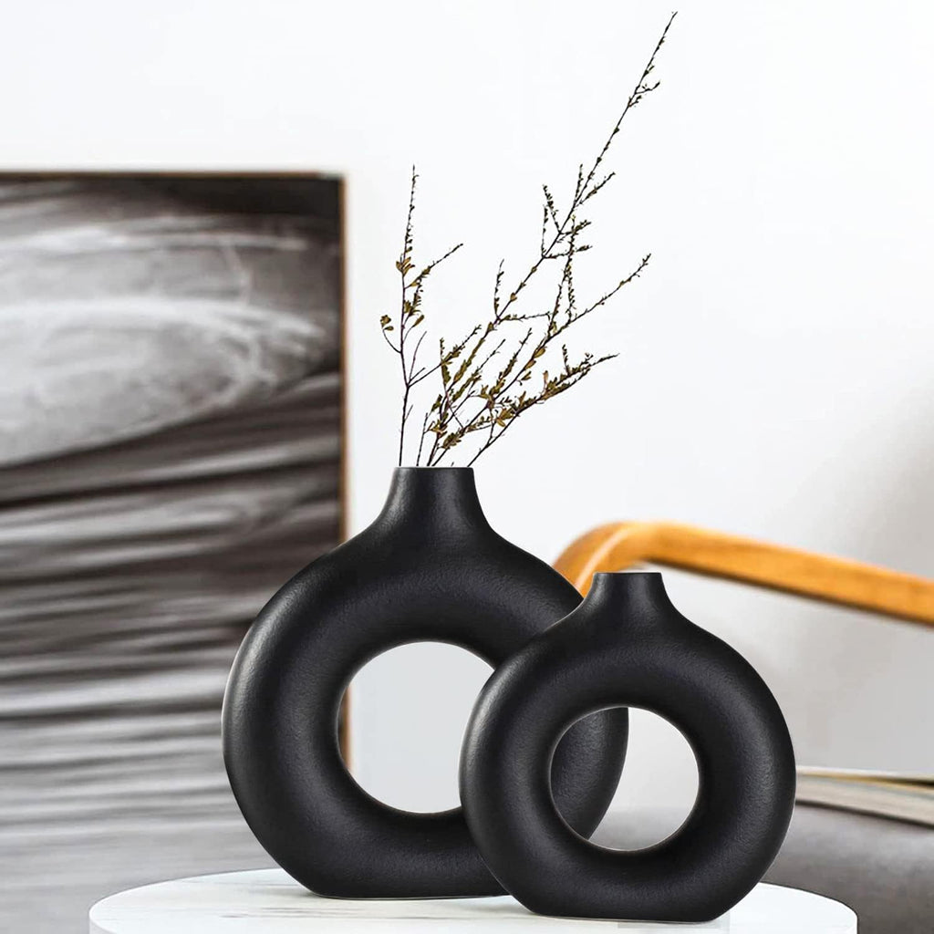 Ceramic Vases Set of 2, Modern Black Round Vase Rustic Home Decor, Donut Ceramic Design Apply to Living Room Kitchen Mantle Bedroom Dining Table Office Black Decor