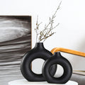 Ceramic Vases Set of 2, Modern Black Round Vase Rustic Home Decor, Donut Ceramic Design Apply to Living Room Kitchen Mantle Bedroom Dining Table Office Black Decor
