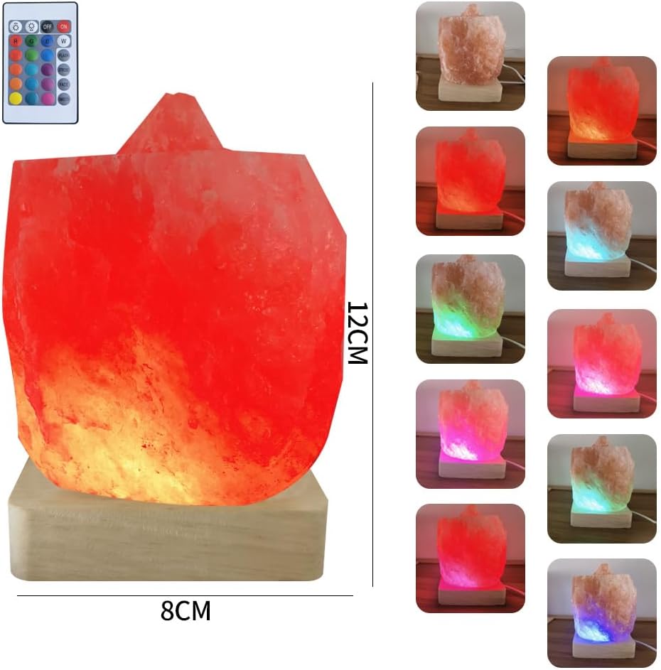 USB Colour Gradient Himalayan Salt lamp,Solid Wood Based Atmosphere Decoration Natural Shape Salt lamp with Remote Control, Natural Crystal Stone Bedside Night Light, Handmade Crafts.