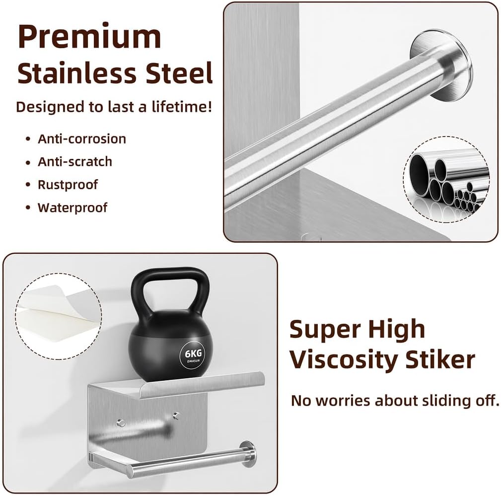 Adhesive Toilet Paper Holder with Shelf, Stainless Steel, Silver