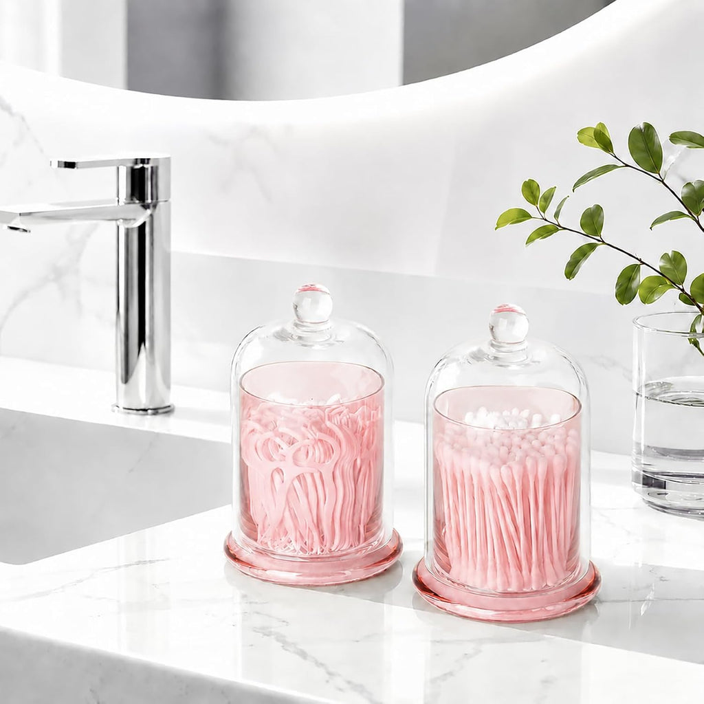 rejomiik Qtip Holder Glass Apothecary Jars with Lids Bathroom Storage Pink