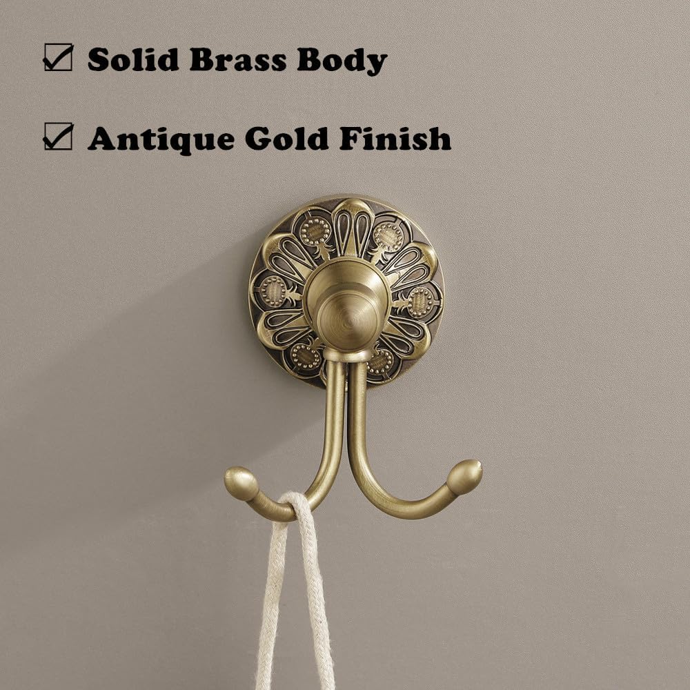 Antique Brass Towel Hook, Wall Mounted Bathroom Hook for Clothing & Robe Hanger, Screws Install Shower Wall Hook, Vintage Gold Brass Petal-Relief Series Longhorn Double Hook (Pack of 2)