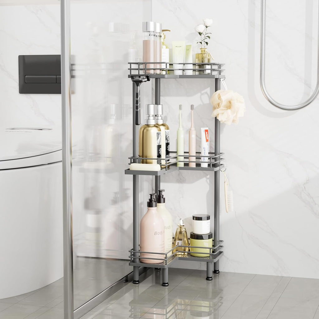 Consumest Corner Shower Caddy Standing - 3-Tier Stainless Steel Shower Organizer with Soap Holder and 4 Hooks, Large Capacity Corner Shelf Stand for Bathroom, Rest Room, Grey