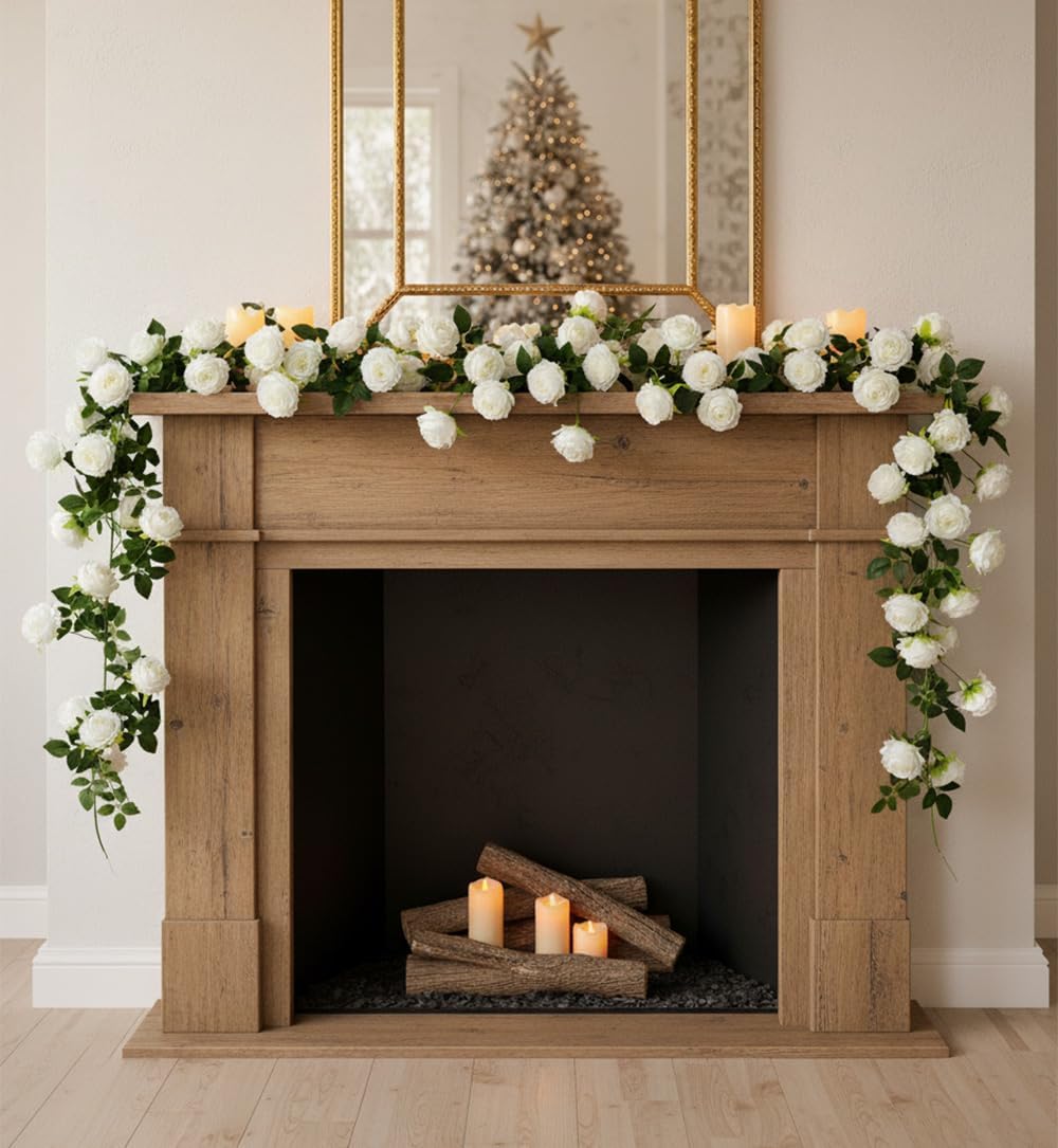2Pcs 12Ft Bendable Flower Garland Faux Rose Vine for Wedding Decor,White