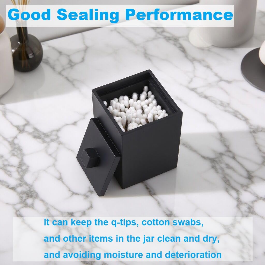 Square Cotton Swab Holder with Lid, Matte Black Qtip Holder Bathroom