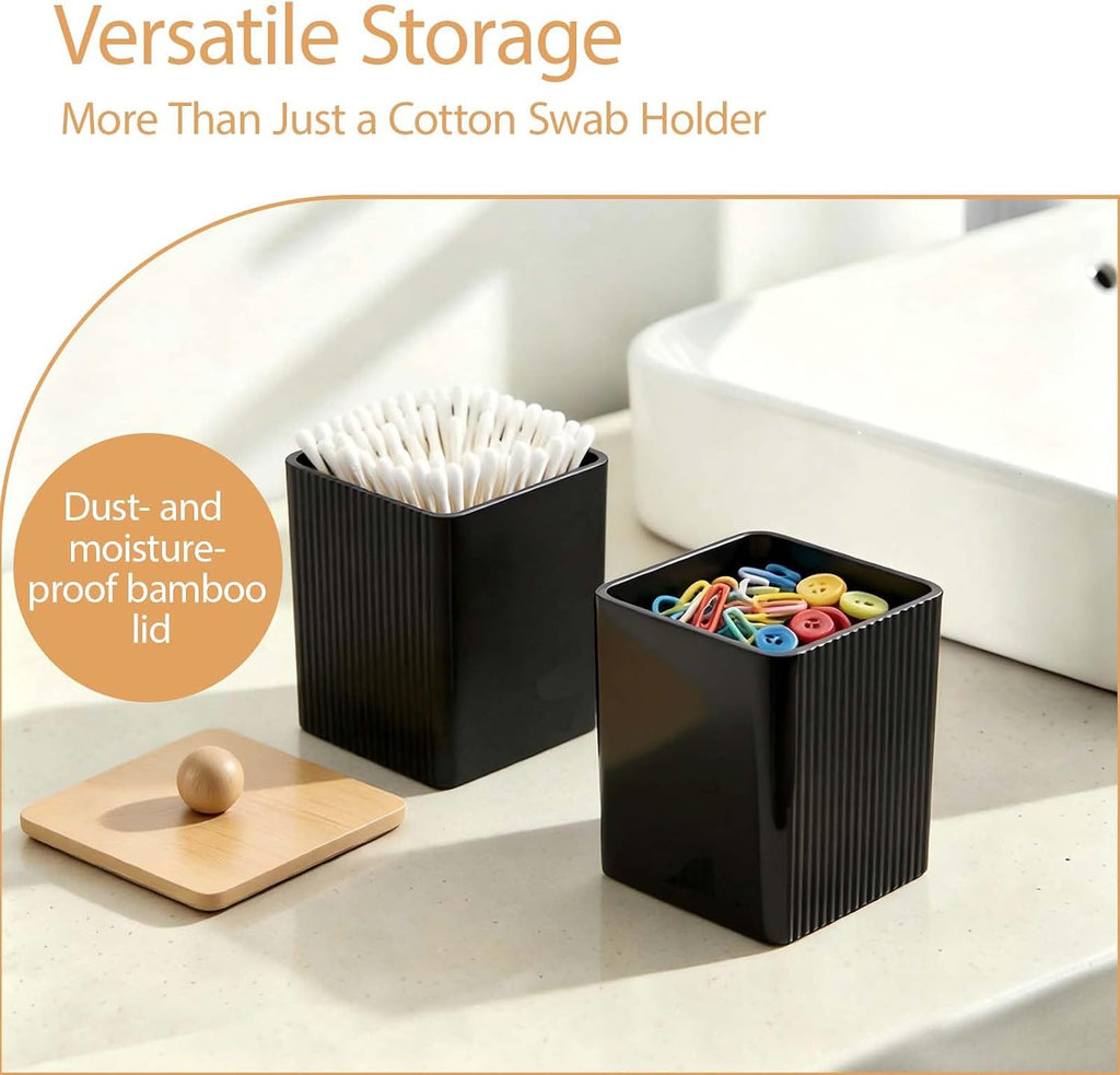 Cotton Round Holder 2Pcs Qtip Container with Lid, 3.77×3.14×3.14 Inches Black Acrylic Square Cotton Swab Holder with Bamboo Lid for Cottons Balls Swabs Floss Picks Canisters