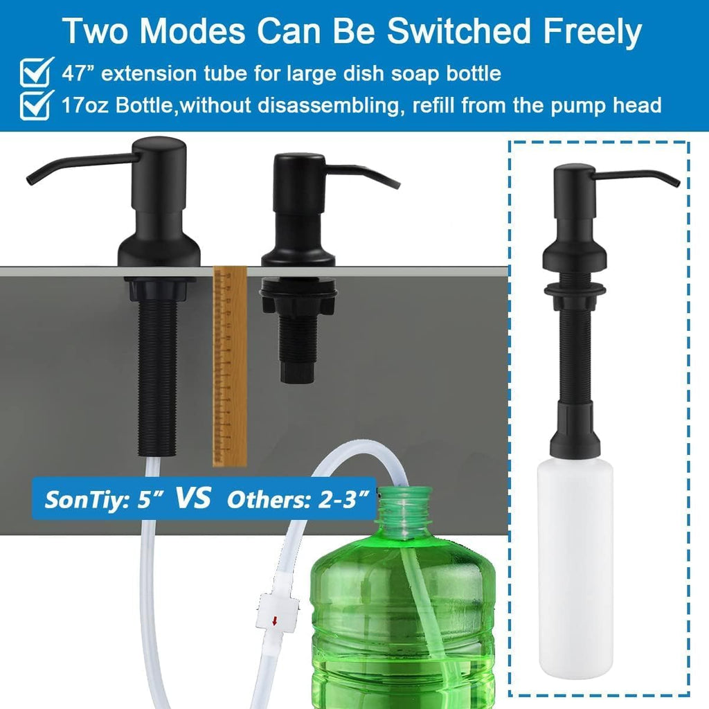 Built in Soap Dispenser for Kitchen Sink, Kitchen Soap Dispenser Stainless Steel Pump Set for Dish Soap or Lotion with 47" Extension Tube and 500ml Bottle (Black Matte)