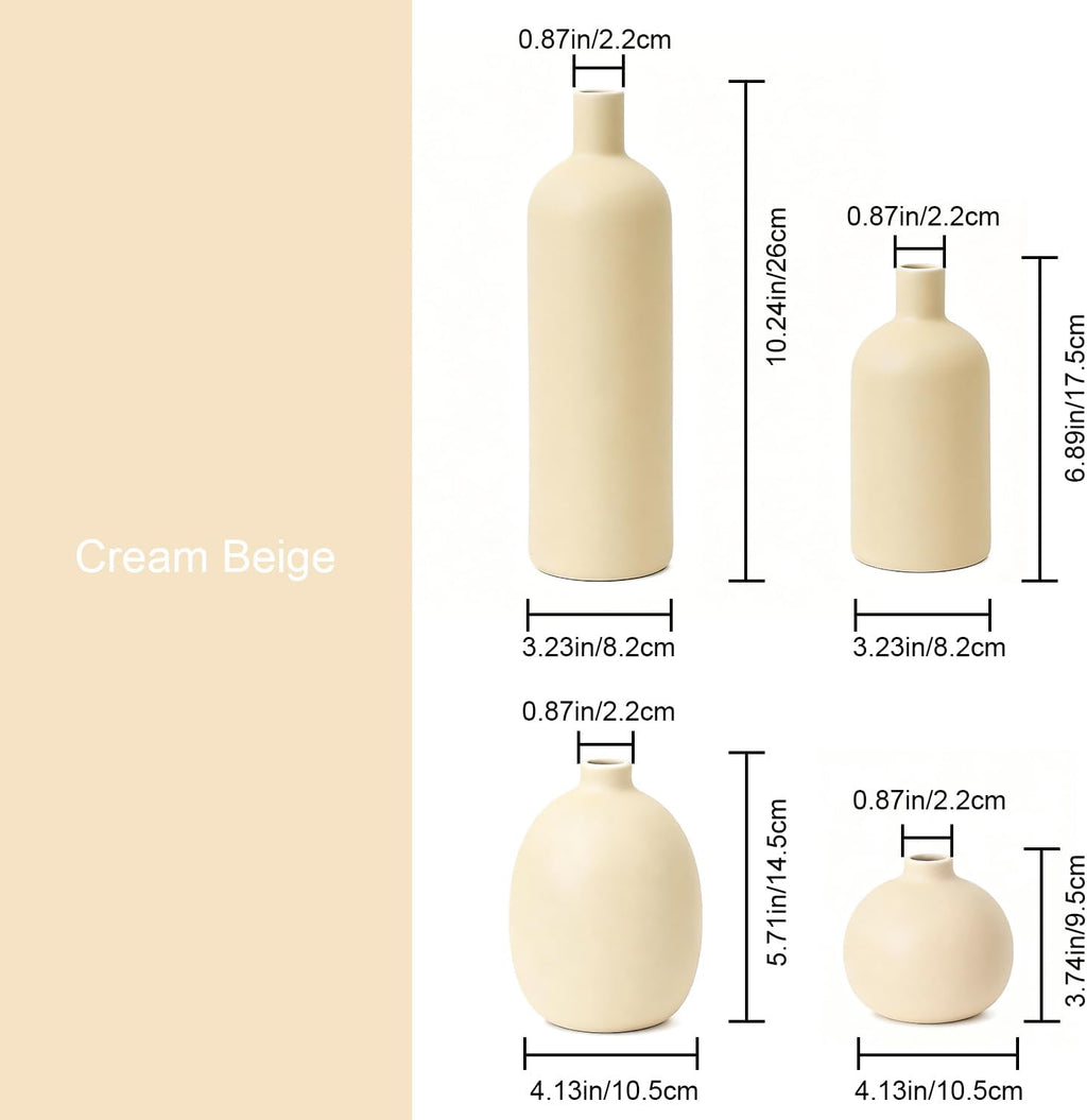 Beige Ceramic Vase Set of 4, Modern Neutral Colors Home Decor, Rustic Farmhouse Decorative Flowers Vases for Bouquet, Pampas | Table Mantel Centerpiece Bookshelf Living Room Bedroom (Beige)