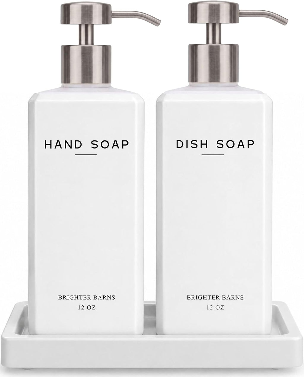 White Glass Hand and Dish Soap Dispenser Set by Brighter Barns - 12oz Kitchen Soap Dispenser Set with Pump & Tray for Hotel, Vacation Rental, Home - Modern Kitchen Decor & Accessories (White/Silver)