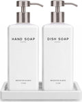 White Glass Hand and Dish Soap Dispenser Set by Brighter Barns - 12oz Kitchen Soap Dispenser Set with Pump & Tray for Hotel, Vacation Rental, Home - Modern Kitchen Decor & Accessories (White/Silver)