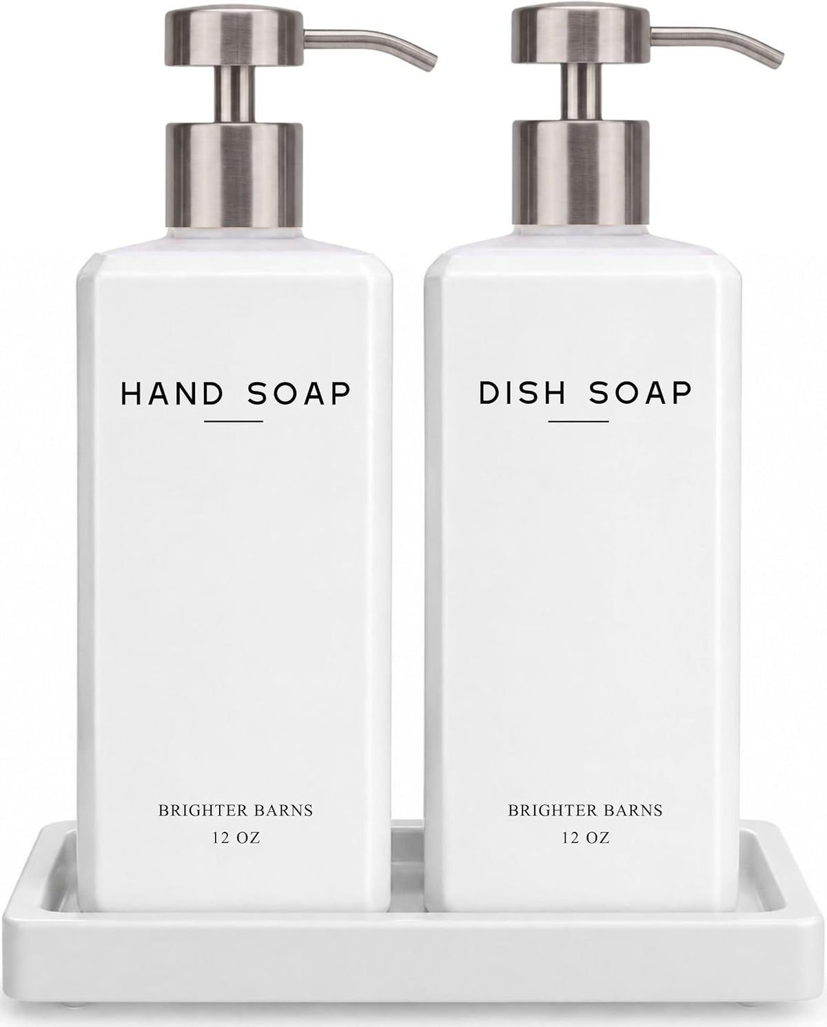 White Glass Hand and Dish Soap Dispenser Set by Brighter Barns - 12oz Kitchen Soap Dispenser Set with Pump & Tray for Hotel, Vacation Rental, Home - Modern Kitchen Decor & Accessories (White/Silver)