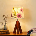 Dried Flowers Tripod Table Lamp 14.17in, 9W LED Dimmable Cute Bedside Lamp with Flowers Linen Lampshade for Nursery, Bedroom, Kid Room, Living Room, Light Brown Wooden Base