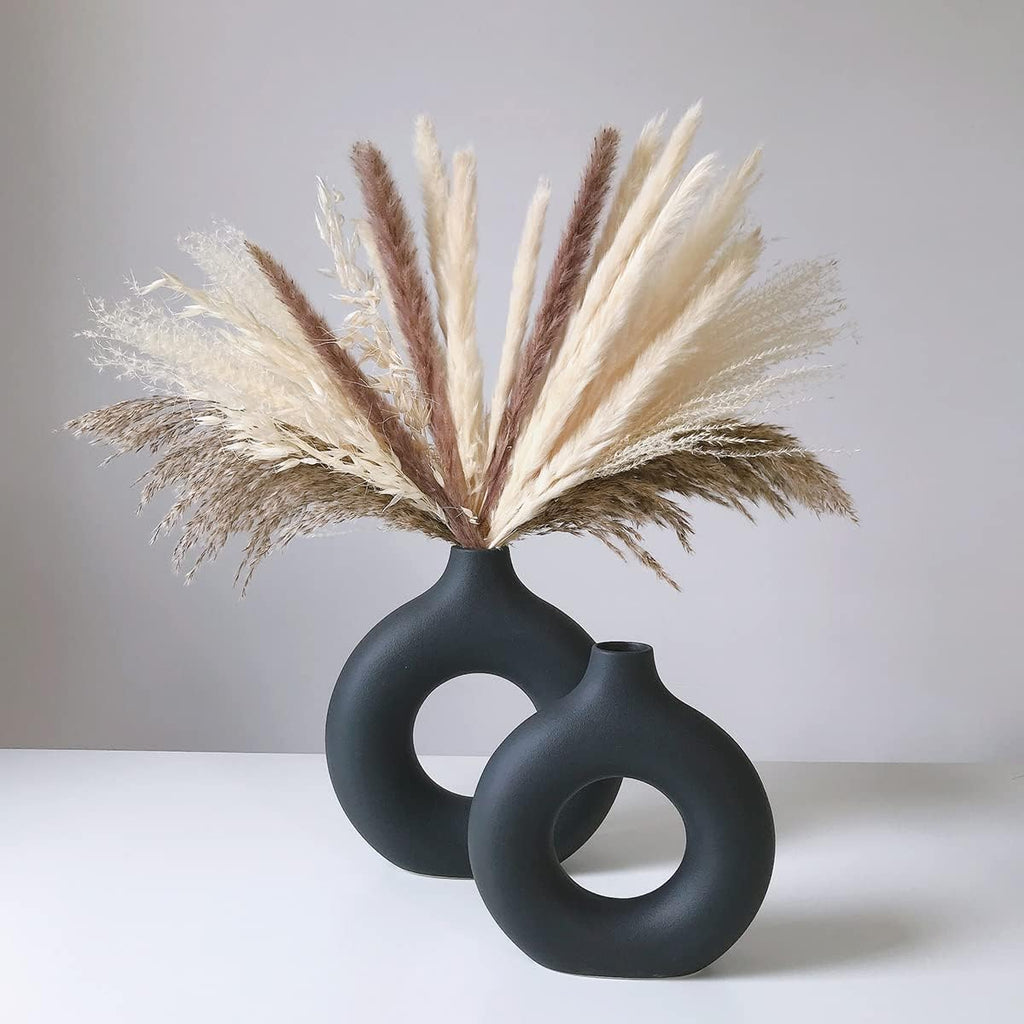 White Ceramic Vases for Pampas Grass,Water Drop Design Doughnut vase Modern Home Decor Minimalist Nordic Boho Ins Style (Black Medium)