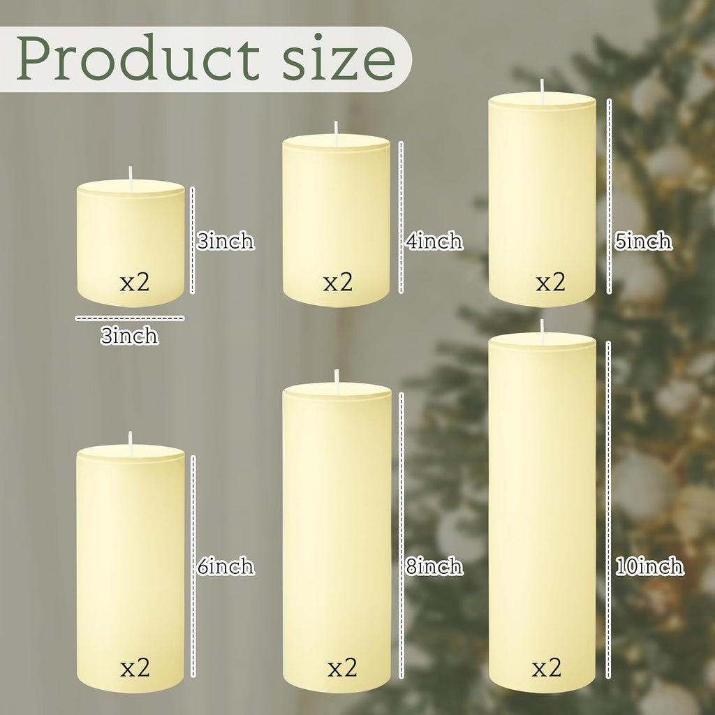 Shihanee 12 Pcs Pillar Candles Bulk Set Unscented Dripless,Ivory White