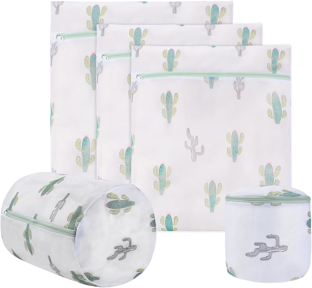 Durable Mesh Zipper Laundry Bags Machine Wash, 5-Piece Cactus Print