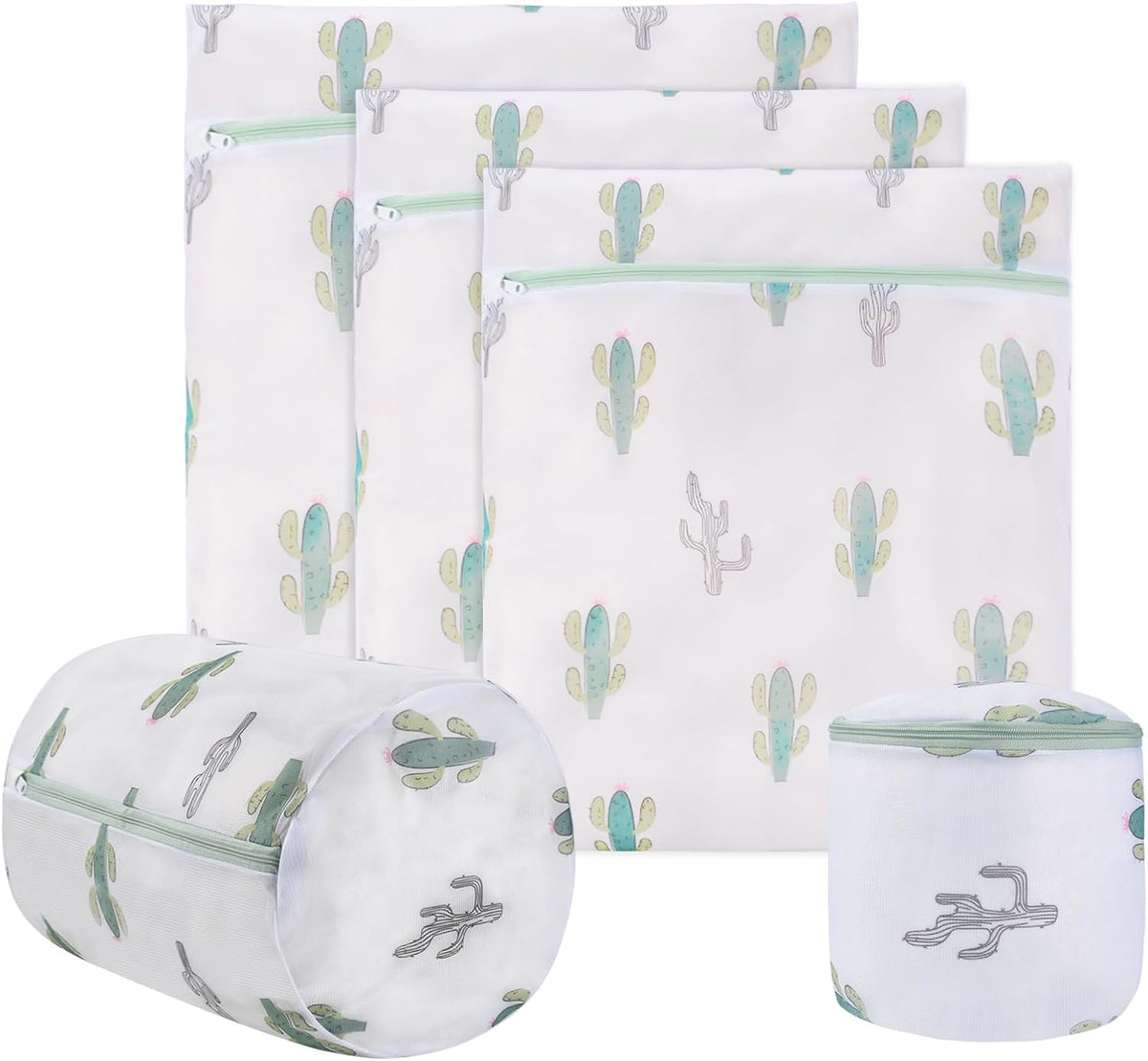 Durable Mesh Zipper Laundry Bags Machine Wash, 5-Piece Cactus Print