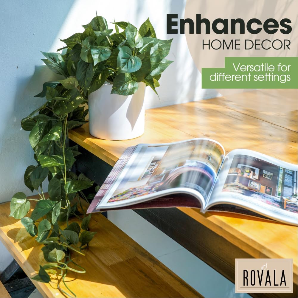 MY ROVALA Silk Plants for Home Decor Indoor in Pot Realistic Artificial Plants Hanging Faux Plants Indoor Fake Potted Plants for Shelves Bedroom Bathroom Trailing Plant, Fake Pothos Ivy (Dark Green)