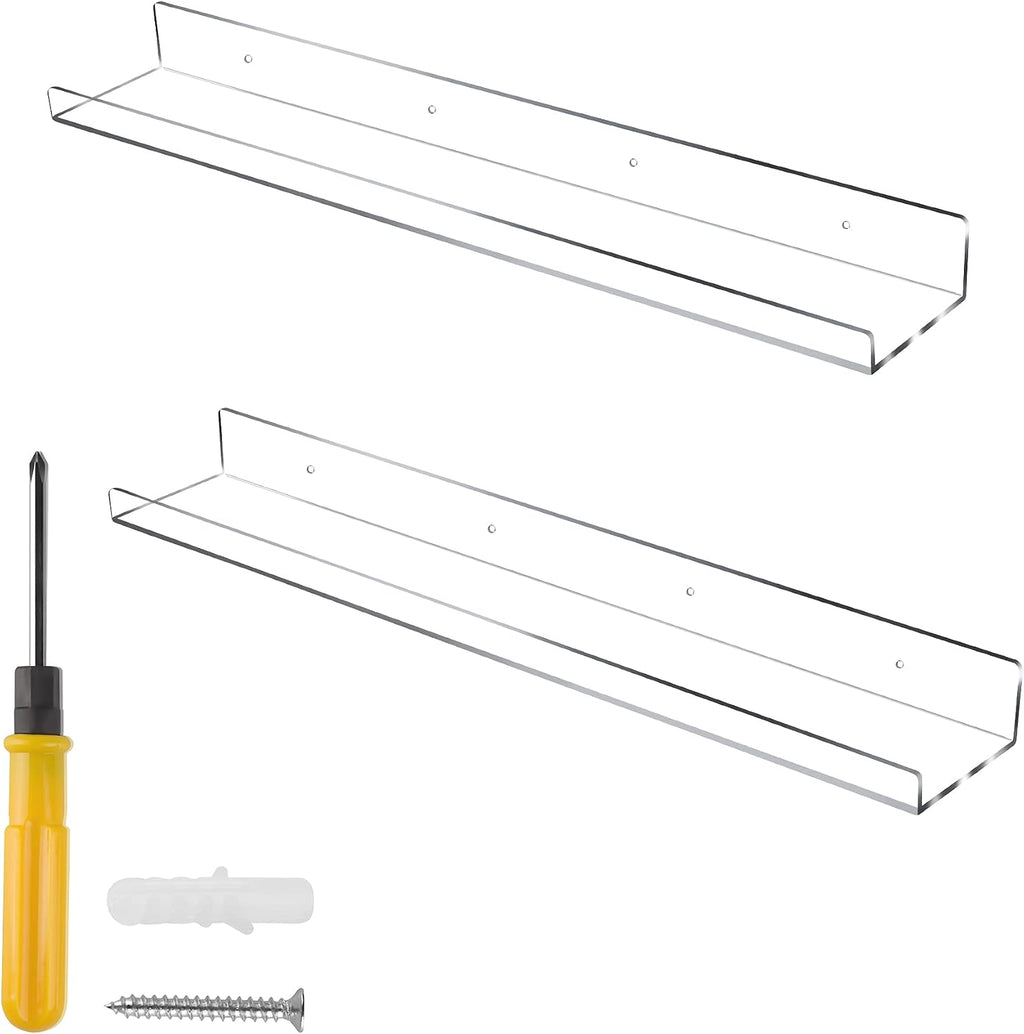 Jansburg Floating Shelves 24 inch Acrylic Wall Ledge Shelves Clear 2 Pack Invisible Display Bookshelf, 5MM Thick Premium Wall Mounted Shelf Bathroom Display Organizer
