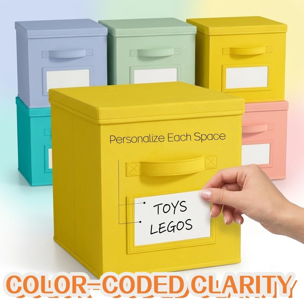 SUREMAX 11 Inch Cube Storage Organizer Bins with Lids, Labels, 6-Packs