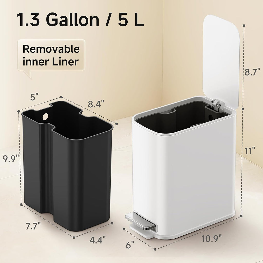 TIPGO Small Bathroom Trash Can with Lid Soft Close,1.3 Gallon, White