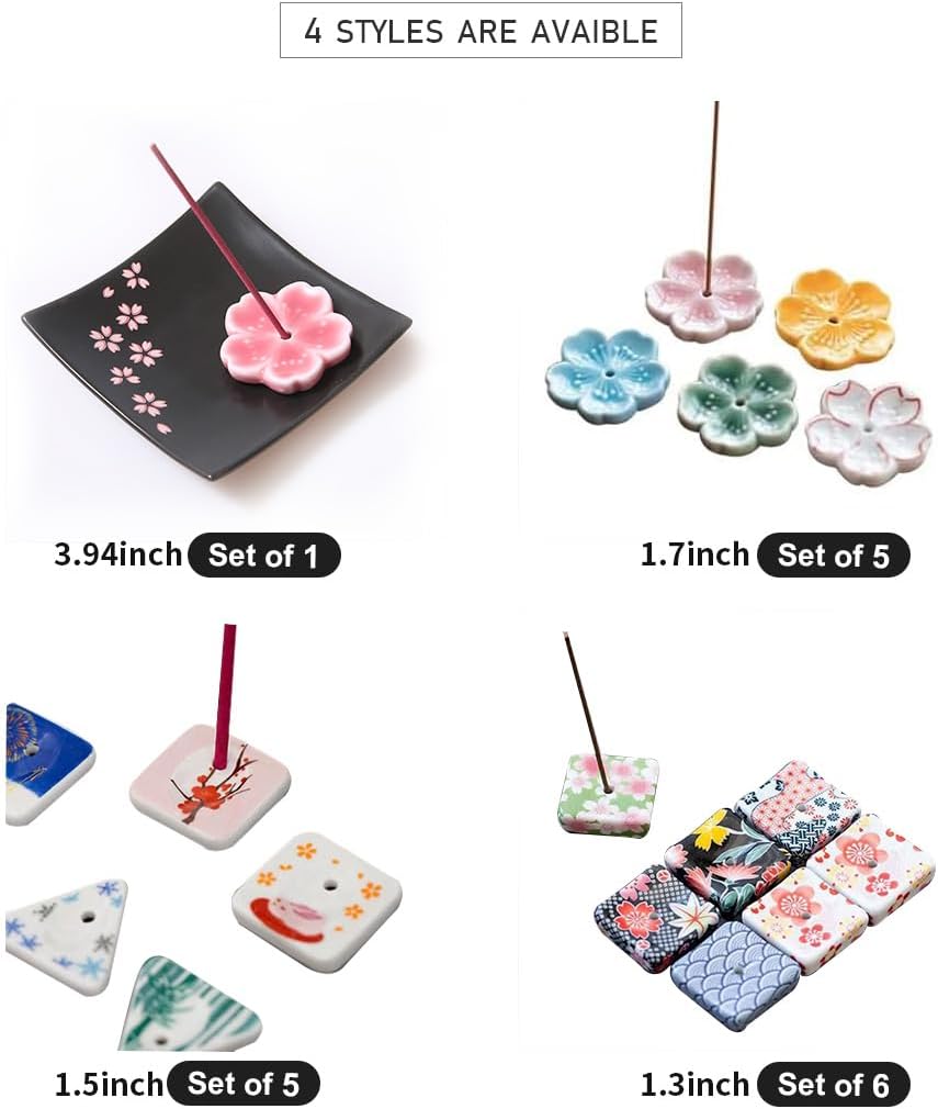 5 pcs, Japanese Mini Cherry Blossom Ceramic Incense Stick Holder or Incense Burner Holder, Handmade Cute Multicolour Unique Ash Catcher Inscent, 1.5 inches