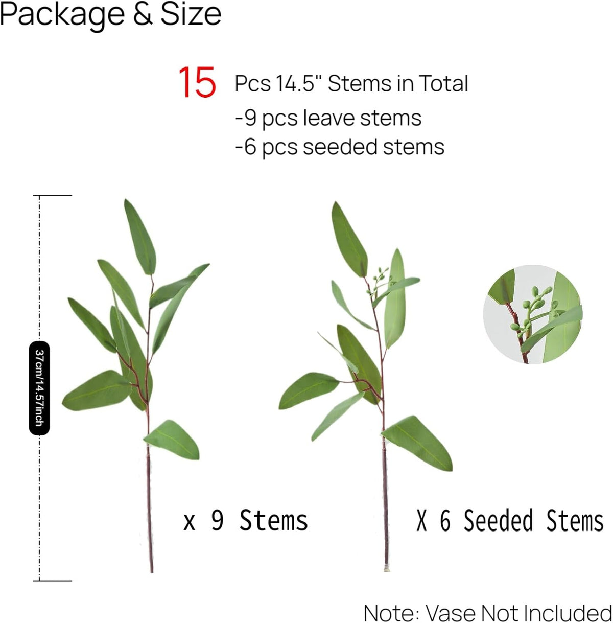 Avoeco 15-Piece Real Touch Faux Eucalyptus Stems, 15-Inch Seeded Branches