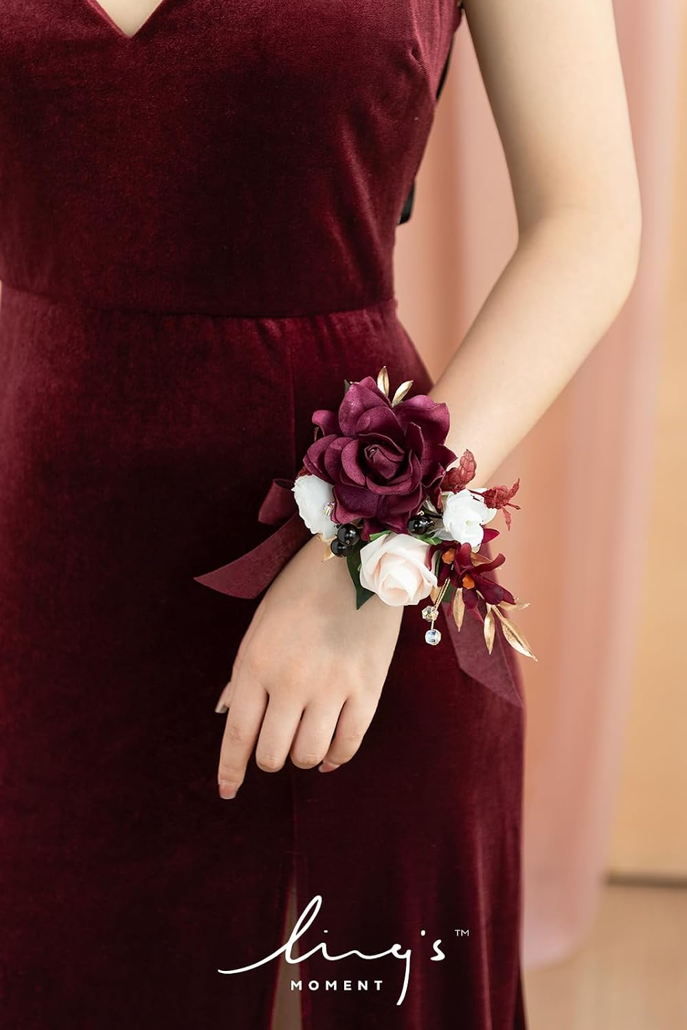 Ling's moment 2pcs Prom Wrist/Shoulder Corsage, Marsala & Burgundy
