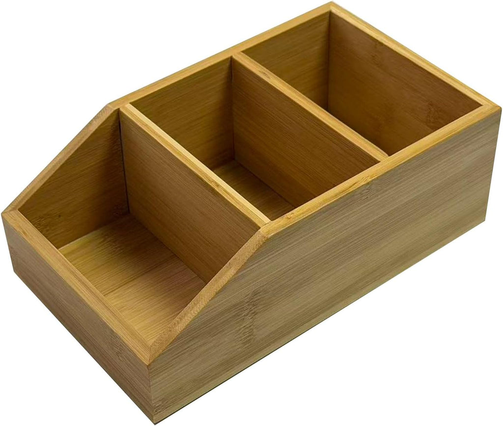 Bamboo Desk Organizer with 3 Compartments, Desktop Storage Organizer for Office Supplies, Makeup, Remote Controls and Accessories, Multi-Purpose Countertop Organizer for Home Office Desk