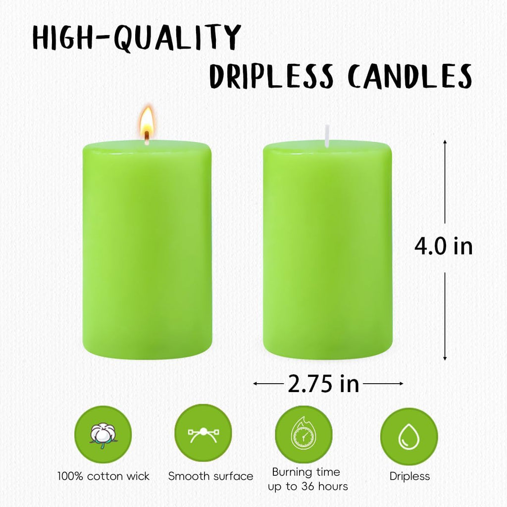 6 Packs Unscented 2.75x4 Inch Light Green Colored Pillar Candles, Non-Toxic Dripless Cylinder Wax Candles for Home Table Holiday Party Spa Decor Emergency Power Outage