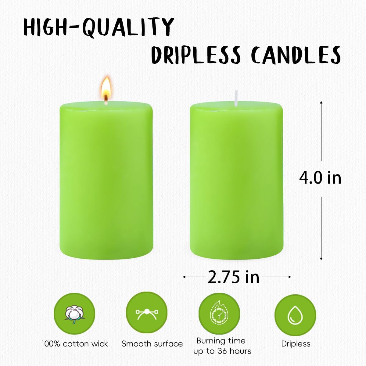 6 Packs Unscented 2.75x4 Inch Light Green Colored Pillar Candles, Non-Toxic Dripless Cylinder Wax Candles for Home Table Holiday Party Spa Decor Emergency Power Outage
