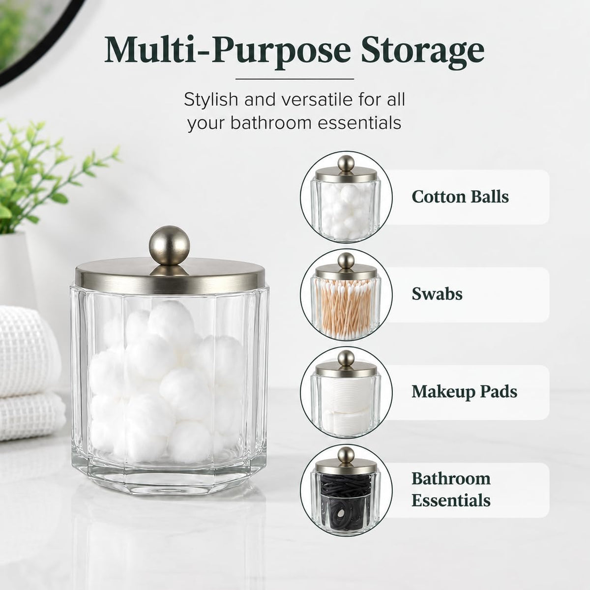 Clear Transparent Apothecary Octagional Shaped Glass Canister Jar With Satin Nickel Metal Lid Cover for Bathroom Organization, Cotton Balls, Q Tips, and Small Accessories, Bath Storage