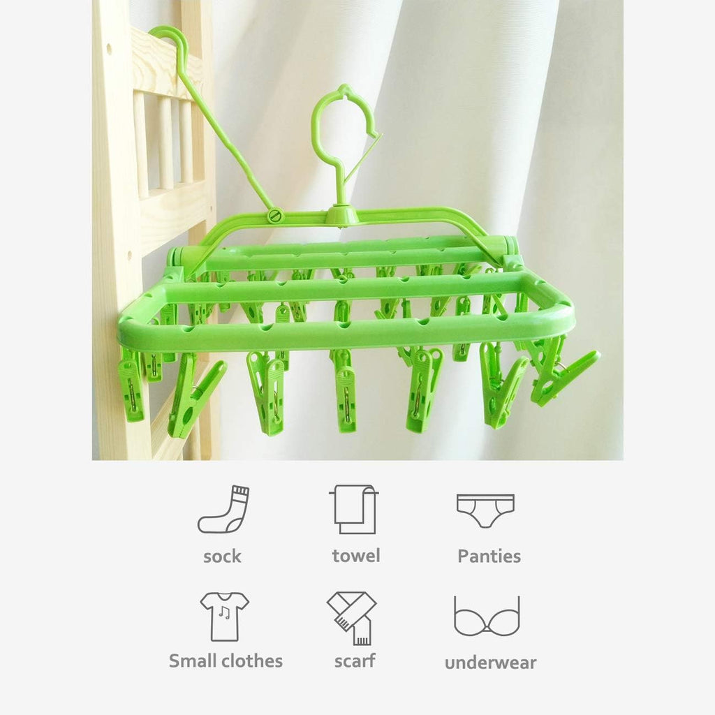 Clothespin Rack Foldable Laundry Drying Hanger,Laundry Hangers with 32 Clips,Clip Hanger Drip Hanger for Drying Underwear,Baby Clothes,Socks,Bras,Towel,Pants,Hat,Scarf,Cloth Diapers,Gloves (Green)