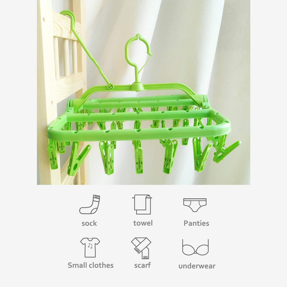 Clothespin Rack Foldable Laundry Drying Hanger,Laundry Hangers with 32 Clips,Clip Hanger Drip Hanger for Drying Underwear,Baby Clothes,Socks,Bras,Towel,Pants,Hat,Scarf,Cloth Diapers,Gloves (Green)