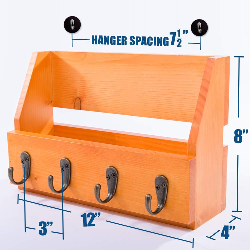 Wall Mounted Key and Mail Holder with 4 Hooks. Made of Solid Wood. Use as Key Rack, Entryway or Mudroom Organizer, Mail Sorter, Magazine Holder, Bill Sorter, Rustic Home Décor (Oak)