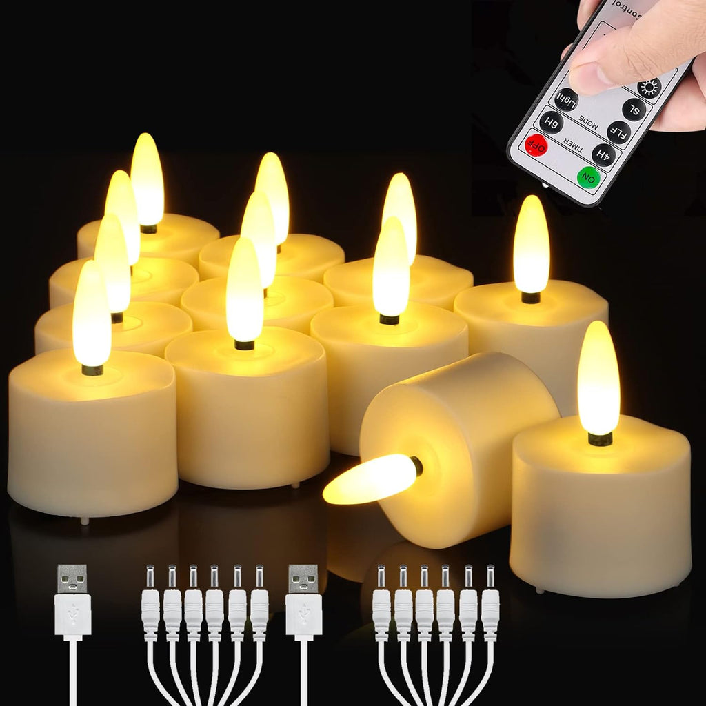 Rechargeable Flameless Tea Lights Candles, Flickering, Remote Timer 12-Pack