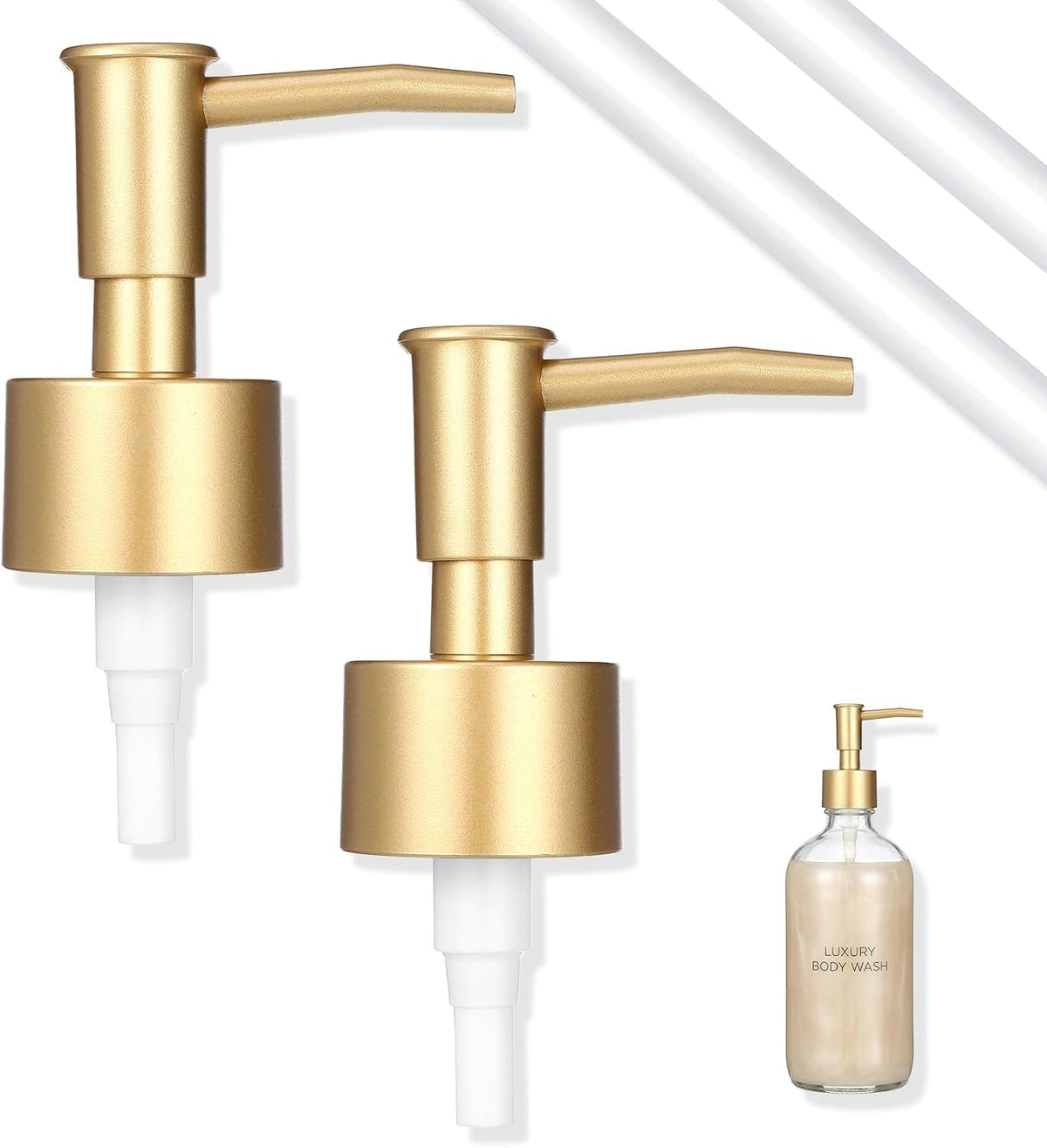 Replacement Soap Dispenser Pump, 2 Pack Gold Soap Dispenser Pump Fits Standard 28/400 Thread Size, for Kitchen and Bathroom Lotion Bottles Pearl Gold + 6 inch Tube