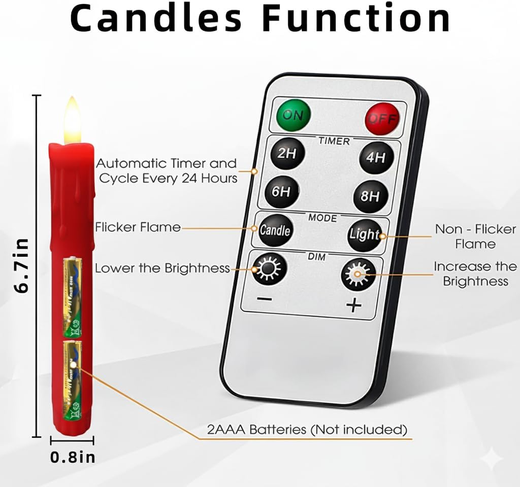 6.7 Inch LED Candles Battery Operated, Red, Set of 6