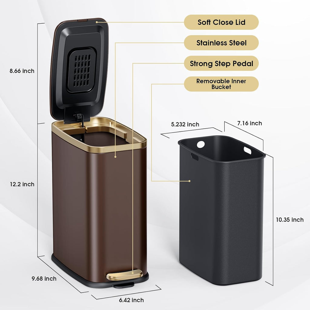 CEROELDA Small Bathroom Trash Can with Lid-5L/1.3 Gal-Soft Close Lid-Brown