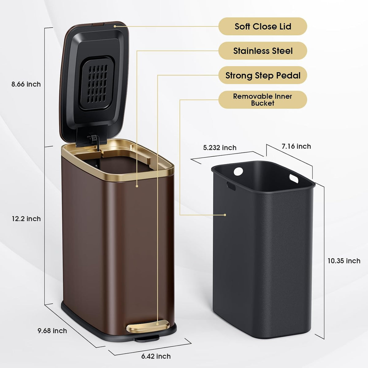 CEROELDA Small Bathroom Trash Can with Lid-5L/1.3 Gal-Soft Close Lid-Brown