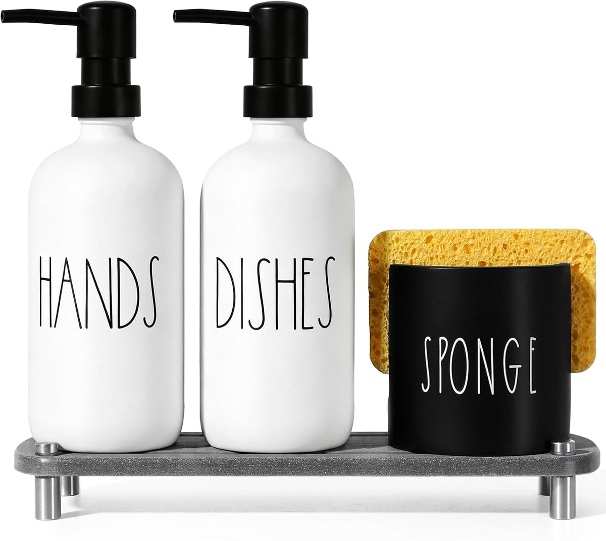 Hand and Dish Soap Dispenser Set, Kitchen Soap Dispenser Set with Sponge Holder, White Glass Dish Soap Dispenser for Kitchen with Pump, Instant Dry Tray, 17 fl oz Farmhouse Kitchen Decor