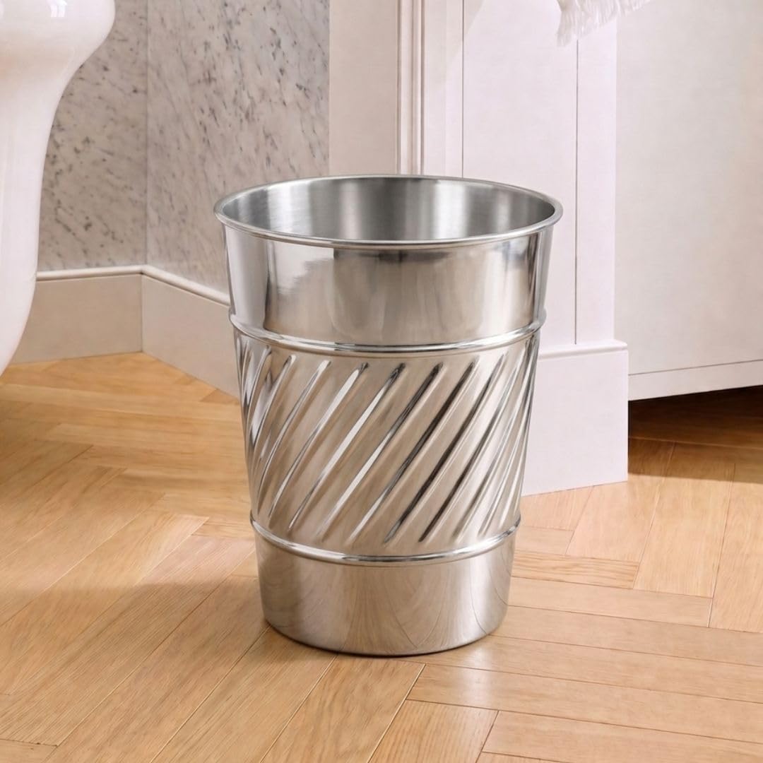 Monarch Abode Metal Bathroom Trash Can – Waste Basket for Bedroom, Office Desk, & Dorm, Handcrafted Wave Embossed, Durable Decorative Nickel Chrome Small Trash Can Bathroom Garbage Bin Wastebasket