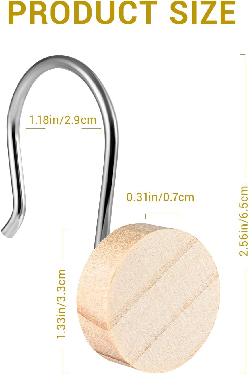 Wood Shower Curtain Hooks with Silvery Metal Rings, Set of 12 Decorative Hardware for Bathroom Rods
