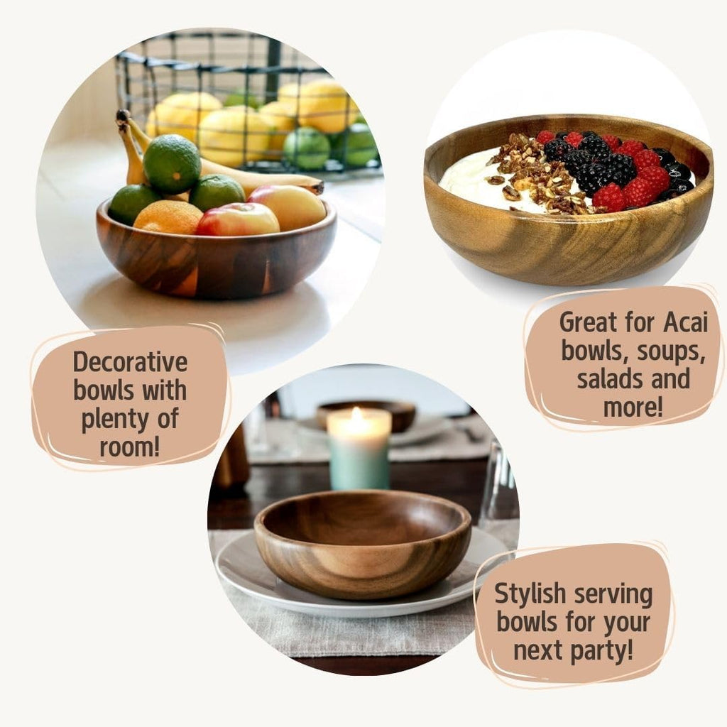 Rest&Rooted Acacia Decorative Wooden Bowls (2 Pcs) - Bowls for Food like Soup, Salad & So On - Water Resistant & Food Safe Wooden Salad Bowl Set - Perfect Nature-Friendly Modern Kitchen Decor (32 oz)