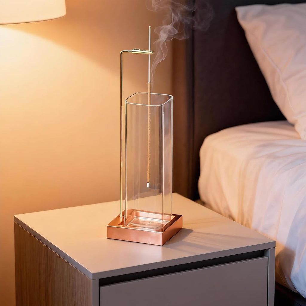 Incense Holder, Metal Incense Holder for Sticks with Removable Glass Ash Catcher, Anti-Ash Incense Burner,Luxury Home Décor for Meditation Relaxation (Rose Gold)