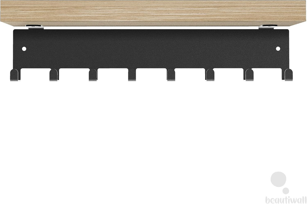 Sturdy Steel Wall Key Holder with Natural Bamboo Shelf. Metal and wooden key hanger with Hooks for Car, Apartment, Storage, Keys