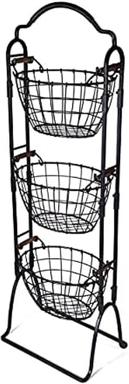Gourmet Basics by Mikasa 5184916 Harbor Adjustable 3-Tier Metal Floor Standing Fruit/Home Storage Basket, Antique/Distressed Black and Copper